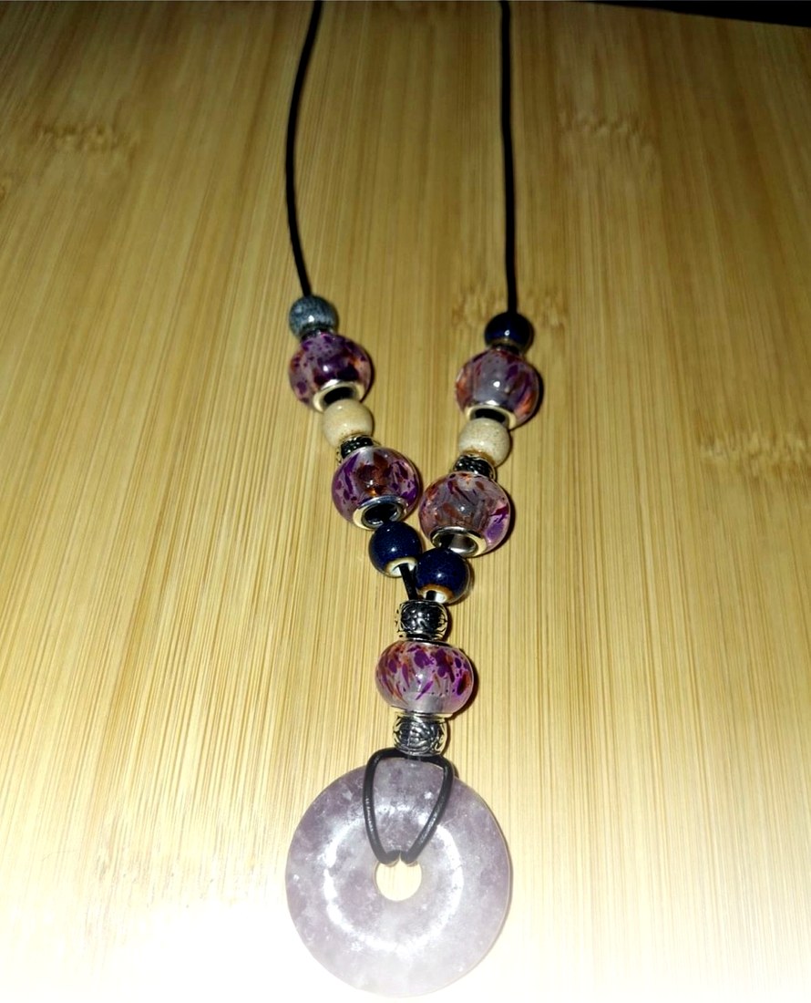 Amethyst Natural Stone Necklace: 30mm natural amethyst stone with porcelain, glass speckled, and metal beads.
