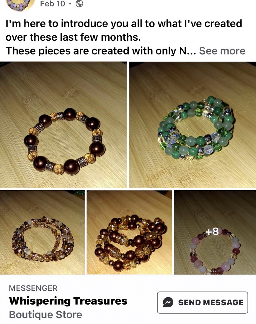 A preview collage of handmade Whispering Treasures bracelets.